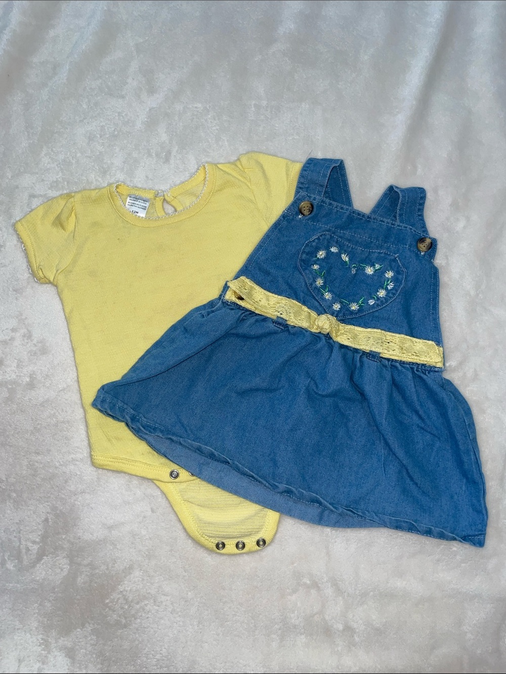 Yellow Bodysuit and Blue Denim Pinafore Dress Matching Set for Kids